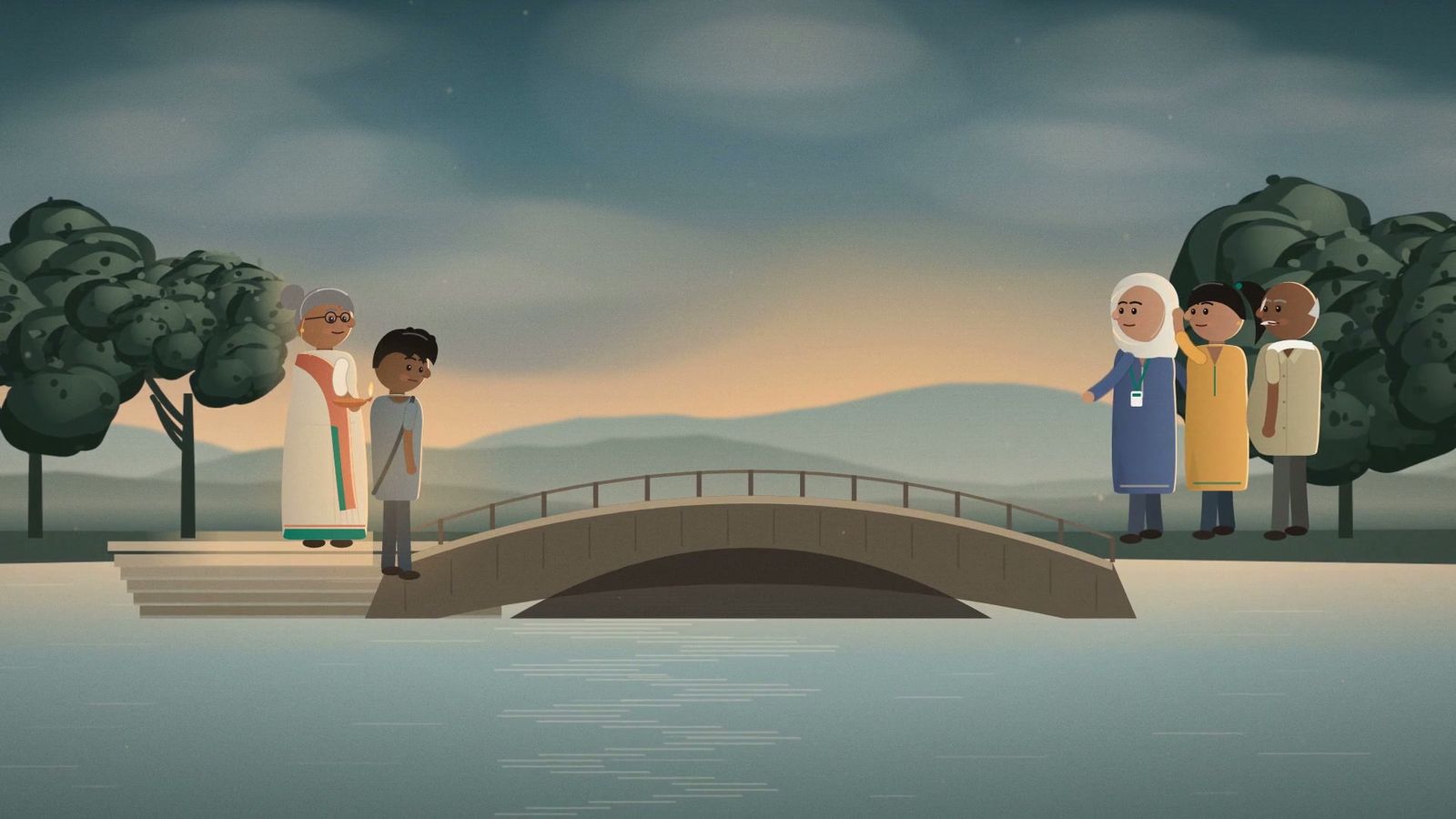 Kamala and Kabir stand at one end of a small arched bridge over still water; Farah and two students wait at the other end.